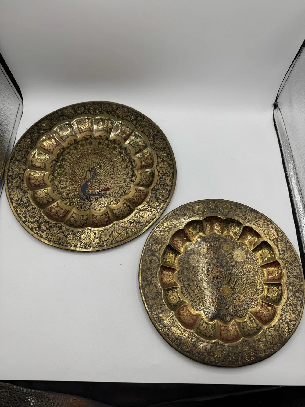 Vintage Lot of 2 Floral Etched Painted Brass Peacock Decorative Wall Hanging